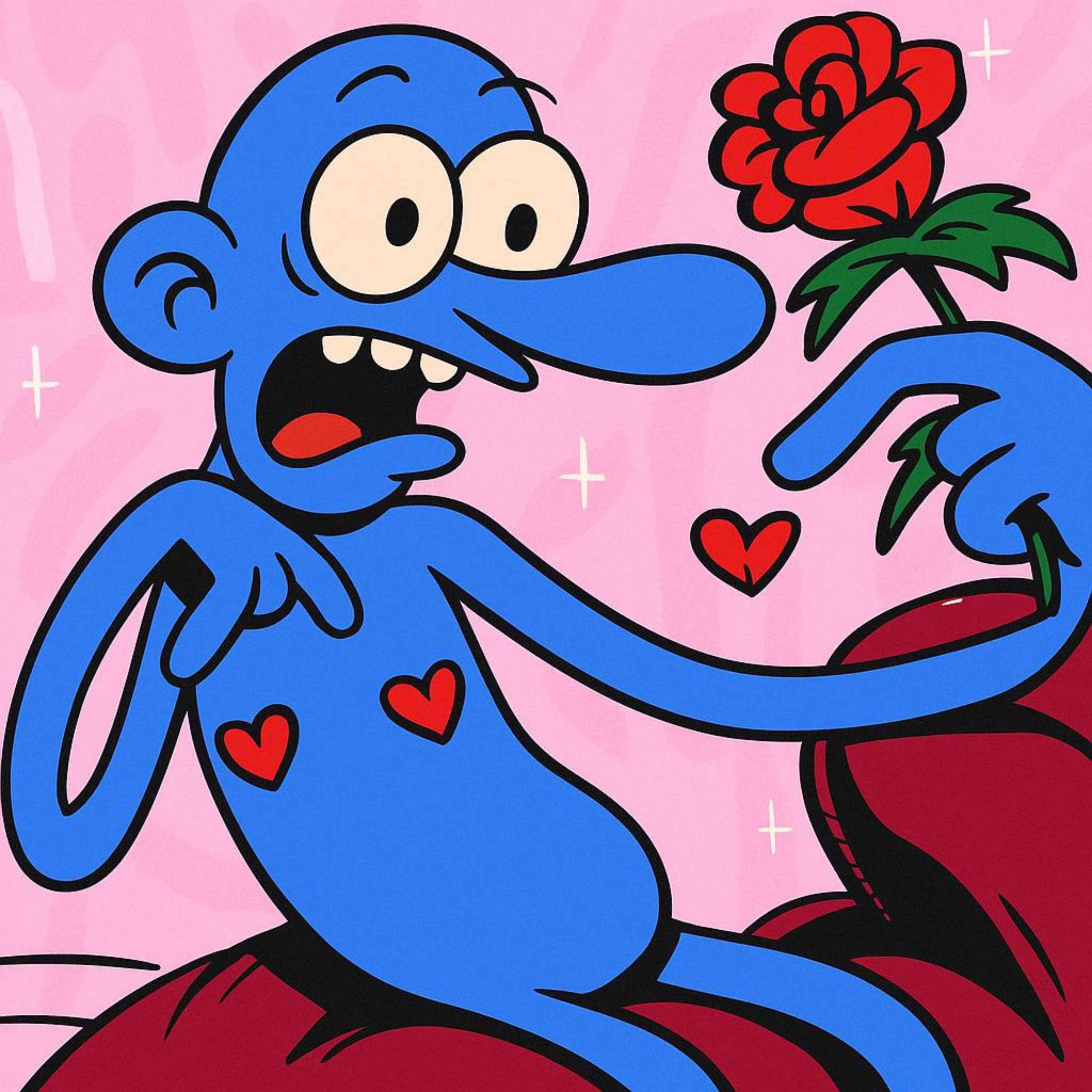 Blue character with rose - romantic meme