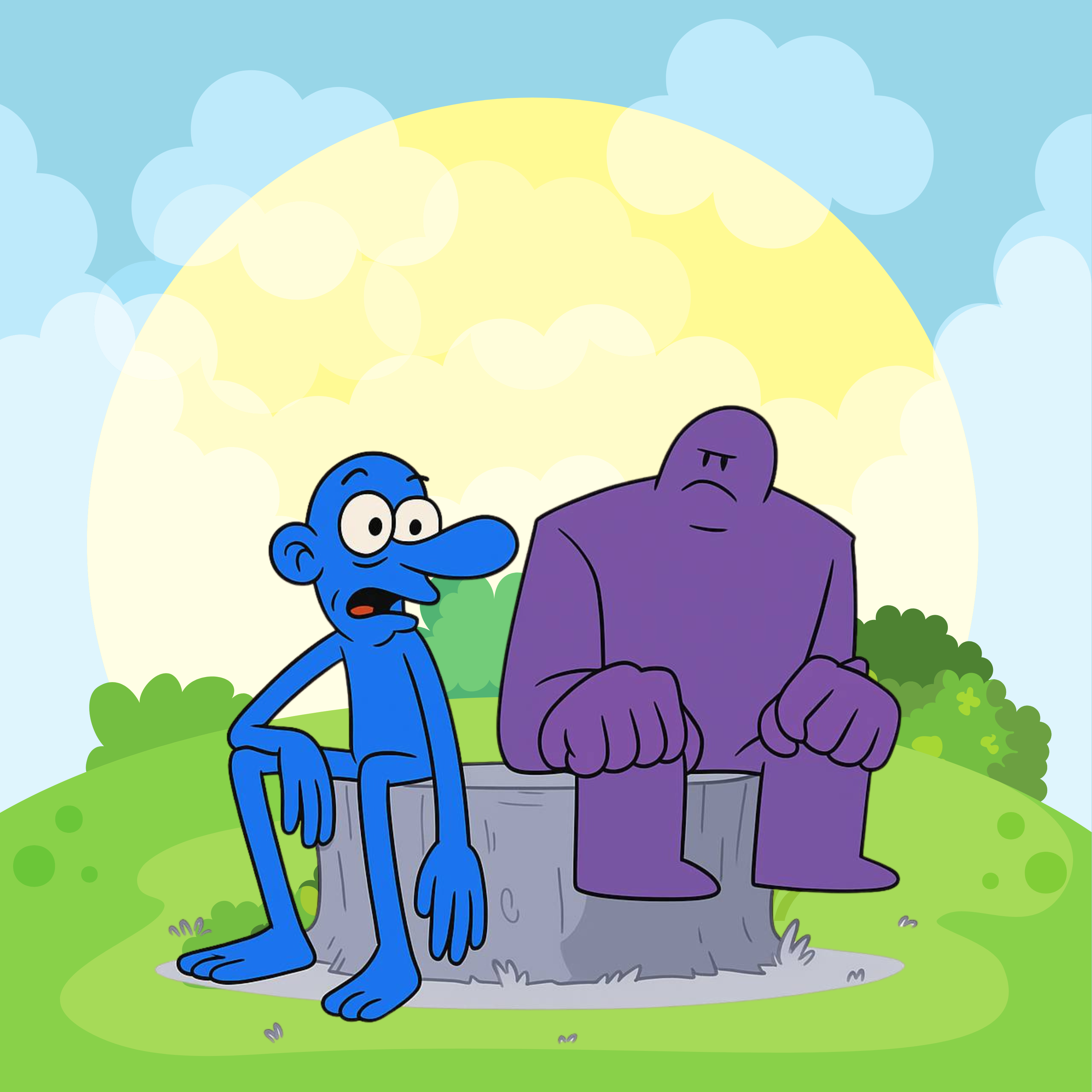 Blue character sitting with purple figure